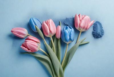 The primary subject of the image is a bouquet of pink and blue tulips. The setting is a blue background, which creates a visually appealing contrast with the vibrant colors of the flowers. The visual style of the image is a close-up of the flowers, showcasing their details and textures. The dominant colors in the image are pink and blue, giving the scene a fresh and lively atmosphere.