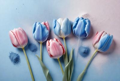The primary subject of the image is a bouquet of six pink and blue tulips. They are arranged in a visually appealing manner, with some tulips being closer to the viewer and others further away. The setting is a blue wall, which serves as a beautiful backdrop for the flowers. The visual style of the image is a combination of photo and digital art, creating a vibrant and lively atmosphere. The dominant colors in the image are pink and blue, which evoke a sense of warmth
