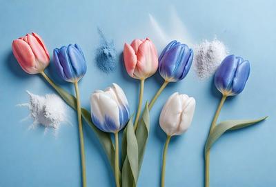 The primary subject of the image is a bouquet of six white and pink tulips. They are arranged in a visually appealing manner, with some tulips placed in front of others. The setting is a blue wall, which serves as a beautiful backdrop for the flowers. The visual style of the image is a combination of photo and digital art, creating a vibrant and lively atmosphere. The dominant colors in the image are white and pink, which evoke a sense of freshness and elegance.