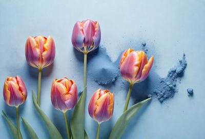 The primary subject of the image is a bouquet of six pink and yellow tulips. They are arranged in a visually appealing manner, with some tulips placed closer to the foreground and others further back. The setting is a blue wall, which serves as a striking backdrop for the flowers. The visual style of the image is a close-up of the tulips, emphasizing their vibrant colors and delicate petals. The overall atmosphere of the image is one of beauty and freshness, as