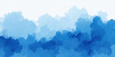 The primary subject of the image is a cloudy blue sky with a few white clouds. The setting is a cloudy day, and the visual style is a watercolor painting. The dominant colors are blue and white, creating a calm and serene atmosphere.