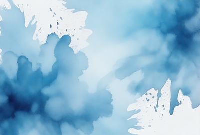 The primary subject of the image is a blue and white painting of a cloudy sky. The setting is a blue background, and the visual style appears to be a watercolor painting. The colors and mood of the painting are predominantly blue and white, creating a serene and calming atmosphere.