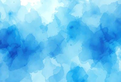 The primary subject of the image is a blue and white watercolor painting of a cloudy sky. The setting is a blue background, and the visual style is a watercolor painting. The dominant colors are blue and white, creating a serene and calming atmosphere.