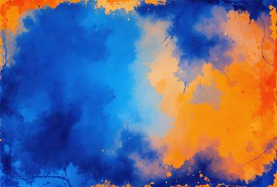The primary subject of the image is a blue and orange painting. The setting is a canvas, and the visual style is a painting. The dominant colors are blue and orange, creating a vibrant and lively atmosphere.
