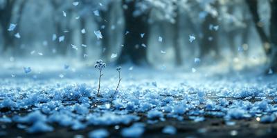 Primary subject: A small flower with a single stem, surrounded by a snowy environment.

Setting/background: The flower is located in a snowy field, with trees in the background.

Visual style: The image is a digital artwork, featuring a single flower in a snowy setting.

Colors and mood: The dominant colors are white and blue, creating a serene and peaceful atmosphere.