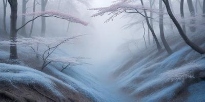 The primary subject of the image is a pathway surrounded by trees and covered in a blue mist. The setting is a forest with a mountainous background. The visual style is a combination of photo and digital art, creating a surreal and dreamy atmosphere. The dominant colors are blue and white, with the blue mist and the white snow creating a serene and mystical mood.