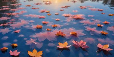 The primary subject of the image is a body of water, which is filled with floating leaves. The leaves are scattered throughout the water, creating a visually appealing scene. The setting is a natural environment, with the water being the main focus of the image. The visual style is a realistic representation of the scene, capturing the beauty of the leaves floating on the water. The colors and mood of the image are predominantly warm and serene, with the leaves adding a touch of natural beauty to the scene.
