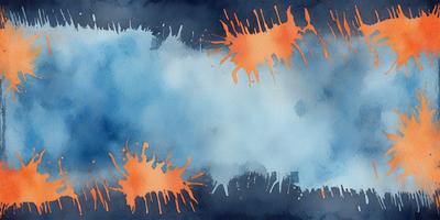 The primary subject of the image is a painting of a blue sky with orange splatters, giving it a vibrant and artistic appearance. The setting is a cloudy sky, and the visual style is a painting, which adds a sense of depth and creativity to the scene. The dominant colors are blue and orange, creating a lively and energetic atmosphere.