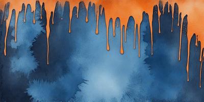 The primary subject of the image is a blue and orange painting with dripping paint. The setting is a blue background, and the visual style is a painting. The colors and mood of the painting are vibrant and dynamic, with the blue and orange colors creating a lively atmosphere.