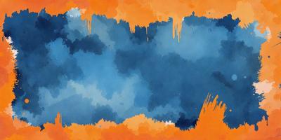 The primary subject of the image is a blue and orange painting. The setting is a cloudy sky, and the visual style is a painting with a blue and orange color scheme. The colors and mood of the painting are vibrant and lively, creating a sense of energy and movement.