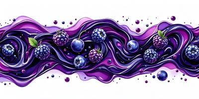 The primary subject of the image is a painting of a purple and black swirl with various fruits, including blueberries and raspberries. The setting is a white background, and the visual style is a digital art or illustration. The dominant colors are purple and black, creating a moody and artistic atmosphere.