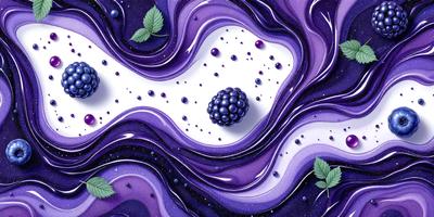 The primary subject of the image is a single blackberry, which is placed on a white surface. The setting is a purple and white swirling background, creating a visually striking contrast with the blackberry. The visual style is a combination of digital art and illustration, giving the image a unique and artistic appearance. The dominant colors are purple and white, creating a sense of elegance and sophistication.