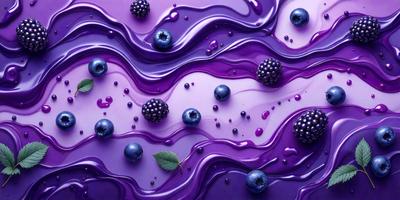 The primary subject of the image is a close-up of a blueberry, which is placed on a purple surface. The setting is a painting or digital artwork, featuring a purple background with blueberries and raspberries scattered throughout the scene. The visual style is a combination of realistic and artistic elements, creating a unique and eye-catching presentation. The colors and mood of the image are predominantly purple and blue, giving it a calm and soothing atmosphere.