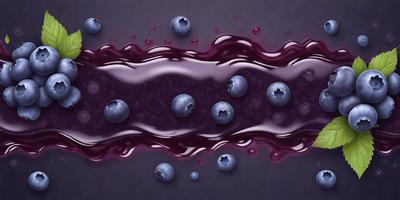 The primary subject of the image is a close-up of a blueberry, which is the main object in the scene. The setting is a dark background, possibly a purple or black surface. The visual style appears to be a digital art or illustration, as the blueberry is depicted in a detailed and artistic manner. The dominant colors in the image are blue and purple, creating a moody and visually appealing atmosphere.