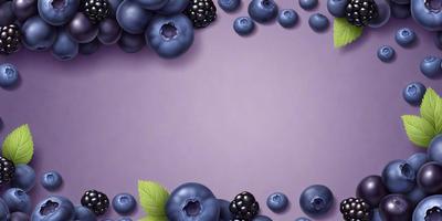 The primary subject of the image is a close-up of a blueberry, with a few other blueberries surrounding it. The setting is a purple background, which adds a vibrant and colorful touch to the scene. The visual style is a combination of photo and digital art, creating a realistic yet artistic representation of the blueberries. The colors and mood of the image are predominantly purple and blue, giving it a calm and soothing atmosphere.