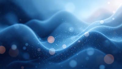 The primary subject of the image is a blue ocean with a wave. The setting is a blue background, and the visual style is a digital art or illustration. The dominant colors are blue and white, creating a calm and serene atmosphere.