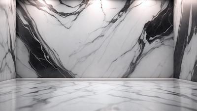 The primary subject of the image is a marble wall with a black and white pattern. The setting is a room with a black and white marble floor. The visual style is a photo of the marble wall and floor. The colors and mood of the image are predominantly black and white, giving it a classic and elegant appearance.