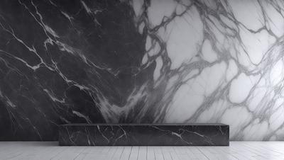 The primary subject of the image is a marble wall with a black and white pattern. The setting is a room with a black and white marble wall as the main focus. The visual style is a black and white photograph. The colors and mood of the image are predominantly black and white, giving it a classic and elegant appearance.