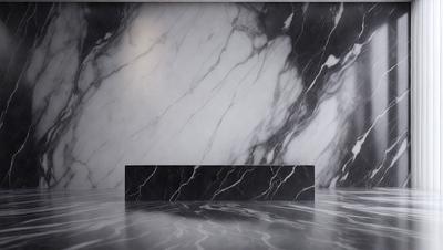 The primary subject of the image is a black marble countertop. The setting is a room with a marble wall, which adds to the luxurious and elegant atmosphere. The visual style is a photo, capturing the details and textures of the marble countertop and wall. The colors and mood of the image are predominantly black and white, giving it a sophisticated and timeless appearance.