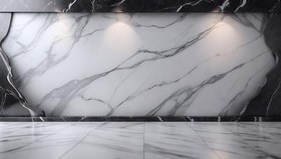 The primary subject of the image is a marble wall with a patterned design. The setting is a room with a white marble floor. The visual style is a photo, and the colors and mood are predominantly white, giving the room a clean and elegant appearance.