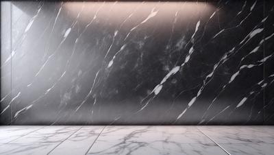 The primary subject of the image is a marble wall with a pattern of white and black swirls. The setting is a room with a black background, which contrasts with the marble wall. The visual style is a close-up of the marble wall, showcasing its unique pattern. The colors and mood of the image are predominantly black and white, giving it a classic and elegant appearance.