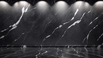 The primary subject of the image is a marble wall with a patterned design. The setting is a room with a black background, which contrasts with the marble wall. The visual style is a close-up of the marble wall, showcasing its intricate pattern. The colors and mood of the image are predominantly black and white, giving it a classic and elegant appearance.
