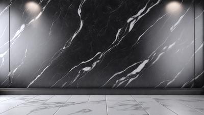 The primary subject of the image is a marble wall with a black and white pattern. The setting is a room with a black and white marble wall as the main focus. The visual style is a photo, showcasing the intricate design of the marble wall. The colors and mood of the image are predominantly black and white, giving it a classic and elegant appearance.
