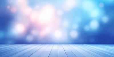 The primary subject of the image is a wooden floor with a blue background. The setting is a room with a blue sky visible through a window. The visual style is a photo, and the colors and mood are predominantly blue, creating a calm and serene atmosphere.