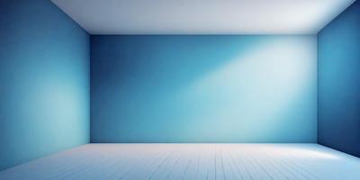 The primary subject of the image is a large, empty room with a blue wall. The setting is a white room with a blue wall, and the visual style is a photo. The colors and mood of the image are predominantly blue, creating a calm and serene atmosphere.
