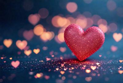 The primary subject of the image is a heart-shaped object, which is likely a piece of glittery or sparkly material. The heart is placed on a black background, which contrasts with the heart's color. The visual style of the image is a close-up of the heart, emphasizing its shape and texture. The colors and mood of the image are predominantly black and white, with the heart being the main focal point and evoking a sense of love or affection.