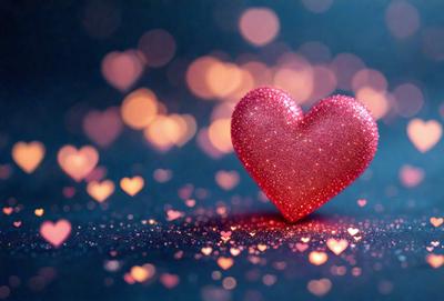 The primary subject of the image is a heart-shaped object, which is likely a piece of jewelry or a decorative item. The heart is placed on a black background, which contrasts with the bright pink color of the heart. The visual style of the image is a close-up, focusing on the heart and its details. The colors and mood of the image are predominantly pink and warm, creating a sense of love and affection.