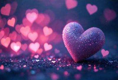 The primary subject of the image is a heart-shaped decoration, likely made of glitter or glittery material, placed on a black background. The heart is the main focus of the image, and it appears to be the centerpiece of the scene. The setting or background is a dark, pink-tinged environment, which adds a sense of depth and contrast to the heart's vibrant colors. The visual style of the image is a combination of digital art and illustration, as the heart is depicted