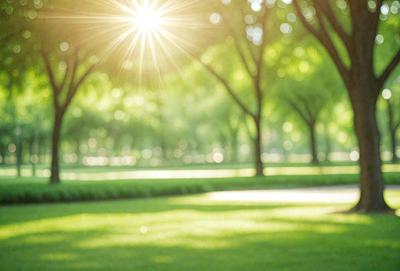 The primary subject of the image is a lush green park with a sunny day. The setting is a grassy field surrounded by trees, creating a serene and peaceful atmosphere. The visual style is a photo, capturing the natural beauty of the park. The colors and mood are predominantly green, with the sunlight creating a warm and inviting ambiance.