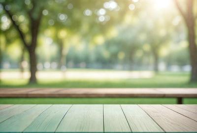 The primary subject of the image is a wooden bench situated in a park. The bench is located on a green surface, possibly a wooden deck or a grassy area. The setting is a park with trees in the background, providing a serene and natural atmosphere. The visual style of the image is a photo, capturing the details of the bench and its surroundings. The colors in the image are predominantly green, with the grass and trees adding to the overall mood of the scene.
