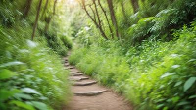 The primary subject of the image is a dirt path surrounded by lush green trees and grass. The setting is a forest, with the path leading through the woods. The visual style is a photo, capturing the natural environment and the path's serene atmosphere. The colors and mood are predominantly green, with the lush vegetation and the dirt path creating a peaceful and tranquil scene.