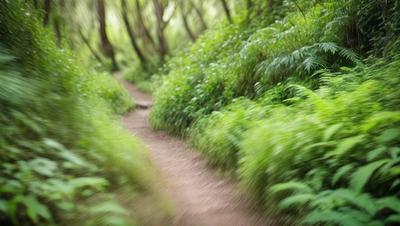 The primary subject of the image is a dirt path surrounded by lush green trees and foliage. The setting is a forest, with the path winding through the trees. The visual style is a photo, capturing the natural environment. The colors and mood are vibrant and serene, with the greenery creating a peaceful atmosphere.