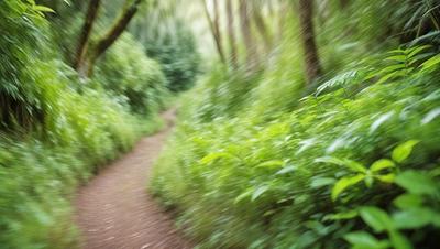 The primary subject of the image is a trail surrounded by lush green trees and foliage. The setting is a forest, with the trail winding through the trees. The visual style is a blurry photo, giving the image a slightly artistic and dreamy appearance. The dominant colors are green, with the trees and foliage being the main focus of the image. The overall atmosphere is serene and peaceful, as the trail is surrounded by the beauty of nature.