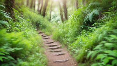 The primary subject of the image is a dirt path surrounded by lush greenery. The path is lined with a series of steps, and it appears to be a part of a trail in the woods. The setting is a forest with trees and green plants, creating a serene and natural atmosphere. The visual style of the image is a close-up of the path, showcasing the details of the steps and the surrounding environment. The colors and mood of the image are predominantly green, with the lush vegetation