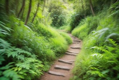 The primary subject of the image is a dirt path surrounded by lush green grass and trees. The setting is a forest, with the path leading through the woods. The visual style is a photo, capturing the natural environment and the path. The colors and mood are predominantly green, with the grass and trees creating a serene and peaceful atmosphere.