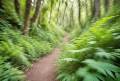 The primary subject of the image is a dirt trail surrounded by trees and greenery. The trail appears to be a path through the woods, with the trees and foliage creating a serene and natural atmosphere. The visual style of the image is a blurry photo, which adds a sense of motion and depth to the scene. The colors in the image are predominantly green, with the trees and foliage being the main focus.