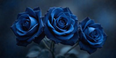 The primary subject of the image is a bouquet of blue roses. The setting is a dark, blue background, which creates a moody and dramatic atmosphere. The visual style is a close-up of the flowers, showcasing their details and beauty. The colors and mood of the image are predominantly blue, with the blue roses being the focal point and the dark background providing a sense of depth and intensity.