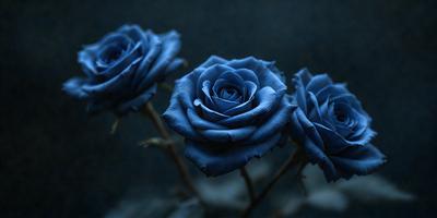 The primary subject of the image is a bouquet of blue roses. The setting is a dark room, which creates a moody atmosphere. The visual style is a close-up of the blue roses, showcasing their vibrant color. The colors and mood of the image are predominantly dark and dramatic, with the blue roses standing out as the focal point.