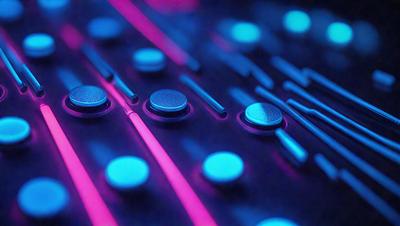 The primary subject of the image is a row of buttons, which are illuminated in a pink and blue light. The buttons are arranged in a row, and the setting appears to be a futuristic or technological environment. The visual style of the image is a combination of digital art and illustration, creating a unique and eye-catching design. The dominant colors in the image are pink and blue, which contribute to the futuristic and technological atmosphere.