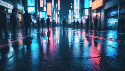 The primary subject of the image is a group of people walking down a rain-soaked city street at night. The setting is a busy city street with tall buildings and neon lights, creating a vibrant and bustling atmosphere. The visual style is a black and white photo, which adds a sense of nostalgia and timelessness to the scene. The dominant colors are black, white, and various shades of gray, which contribute to the overall mood of the image.