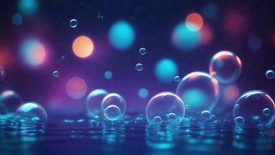The primary subject of the image is a group of bubbles floating in a blue, water-like substance. The setting appears to be a dark, possibly underwater environment. The visual style of the image is a combination of photo and digital art, creating a unique and captivating scene. The dominant colors in the image are blue and purple, giving the scene a serene and calming atmosphere.