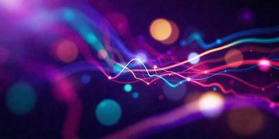 The primary subject of the image is a colorful, abstract pattern of light and dark lines. The setting is a dark background, which contrasts with the bright, colorful lines. The visual style is a combination of digital art and illustration, creating a dynamic and vibrant atmosphere. The colors and mood are predominantly purple and blue, giving the image a sense of depth and sophistication.