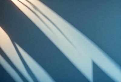 The primary subject of the image is a shadow of a person, possibly a silhouette, cast on a wall. The setting is a room with a blue wall, and the visual style appears to be a photo. The colors in the image are predominantly blue, creating a calm and serene atmosphere.