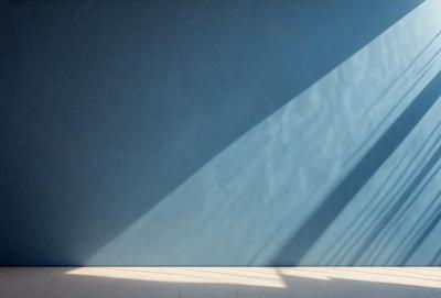 The primary subject of the image is a wall with a blue color. The setting is a room with a blue wall, and the visual style is a photo. The colors and mood of the image are predominantly blue, creating a calm and serene atmosphere.
