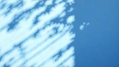 The primary subject of the image is a cloudy blue sky with white clouds. The setting is a clear blue sky, and the visual style is a painting or drawing. The colors and mood of the image are predominantly blue and white, creating a serene and peaceful atmosphere.
