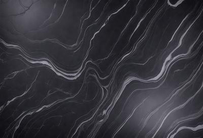 The primary subject of the image is a marble countertop with a black and white pattern. The setting is a kitchen, and the visual style is a photo. The countertop has a black and white marble pattern, and the overall atmosphere is elegant and sophisticated.